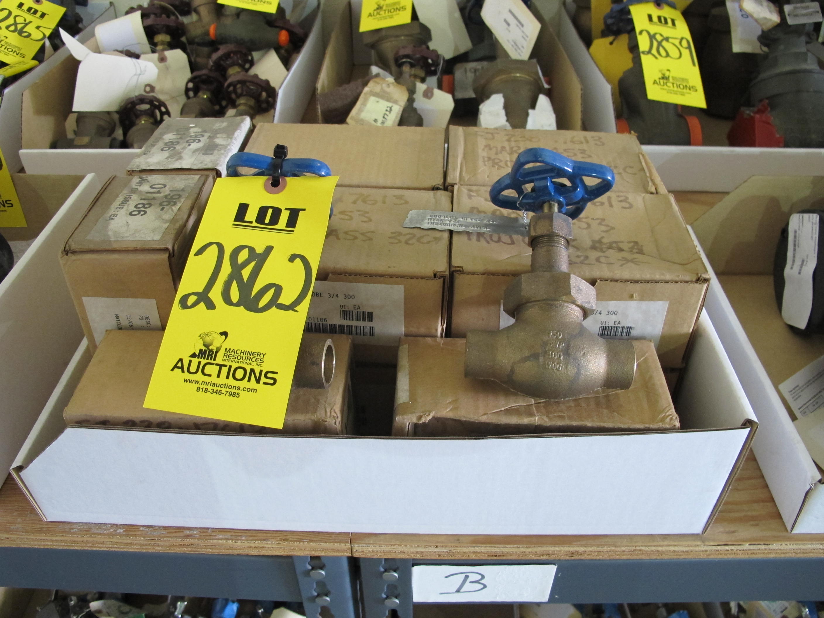LOT (12) VALVES, GLOBE TYPE, 3/4" SIZE, 300 LB WOG RATING, BRONZE MATERIAL, SOLDER CONNECTIONS, SB61 SPECIFICATION, UNION BONNET STYLE, BRONZE, RENEWABLE DISC TRIM, HANDWHEEL OPERATOR. RISING STEM PAINT CODE N, PART # S-235-Y 3/4 (W-51) LOADING & HANDLING FEE $5-